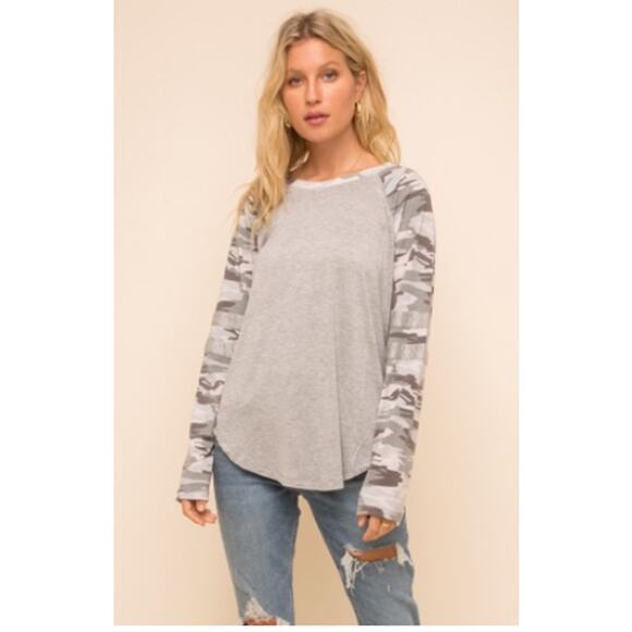 New Hem & Thread Large L Gray Heather Camo Print Long Raglan Sleeve Tee Tshirt - Picture 10 of 10